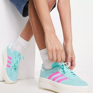adidas Originals Gazelle Bold platform trainers in aqua blue and pink turquoise.
